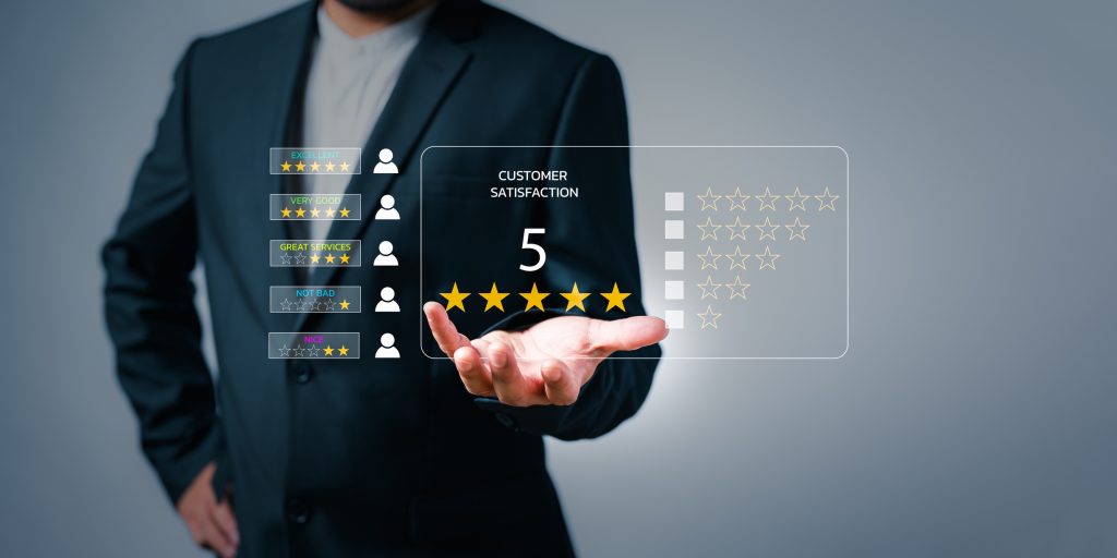 Customer give rating to service experience, Customer review satisfaction feedback survey concept, Customer can evaluate quality of service leading to reputation ranking of business.
